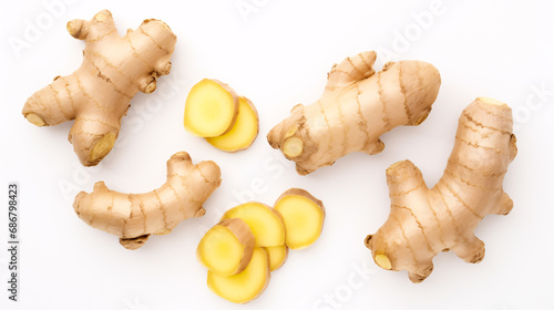 A spread of recently-sliced ginger root on a white background is depicted in this flatlay. photo