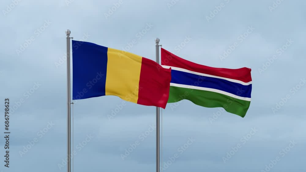 Gambia flag and Chad flag waving together on cloudy sky, endless seamless loop, two country relations concept Gambia flag and Chad flag waving together on cloudy sky, endless seamless loop, two country relations concept