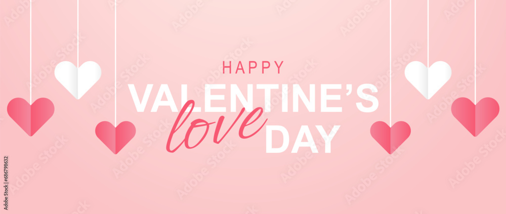 Poster or banner Happy Valentine's day. Background for sale with hanging hearts. Happy Valentine's day header or voucher template with hanging hearts.
