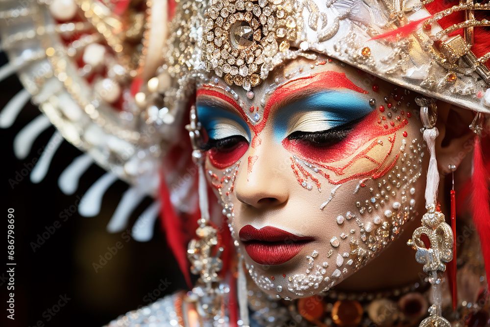 Close-up shot of a carnival performer wearing an intricate and ornate costume