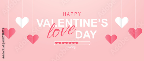 Poster or banner Happy Valentine's day. Love loading.  Background for sale with hanging hearts.Happy Valentine's day header or voucher template with hanging hearts. photo