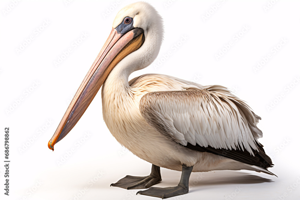 A colossal, solitary pelican set against a pristine white canvas. A colossal, solitary pelican set against a pristine white canvas.