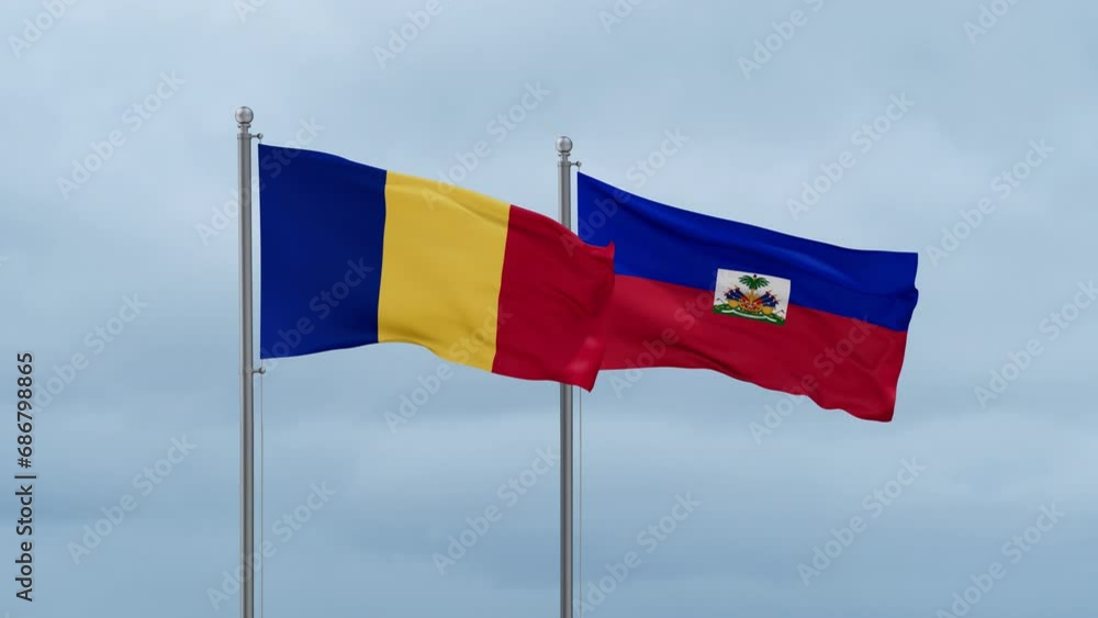 Haiti flag and Chad flag waving together on cloudy sky, endless seamless loop, two country relations concept Haiti flag and Chad flag waving together on cloudy sky, endless seamless loop, two country relations concept