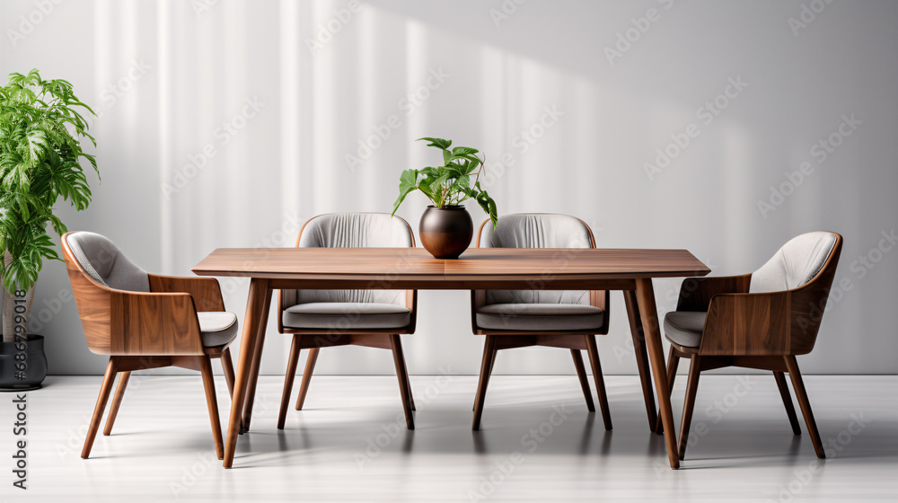 A wood and fabric dining set isolated on a luminous white backdrop. A wood and fabric dining set isolated on a luminous white backdrop.