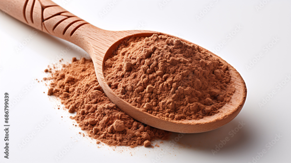 A close-up of a white surface with a wooden spoon and natural henna powder. A close-up of a white surface with a wooden spoon and natural henna powder.