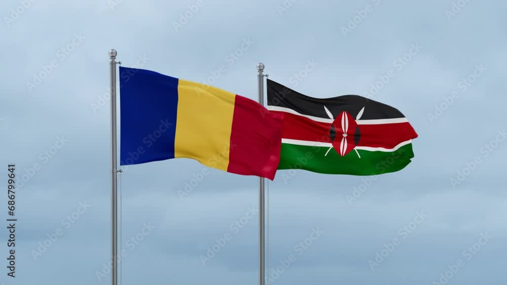 Kenya flag and Chad flag waving together on cloudy sky, endless seamless loop, two country relations concept Kenya flag and Chad flag waving together on cloudy sky, endless seamless loop, two country relations concept
