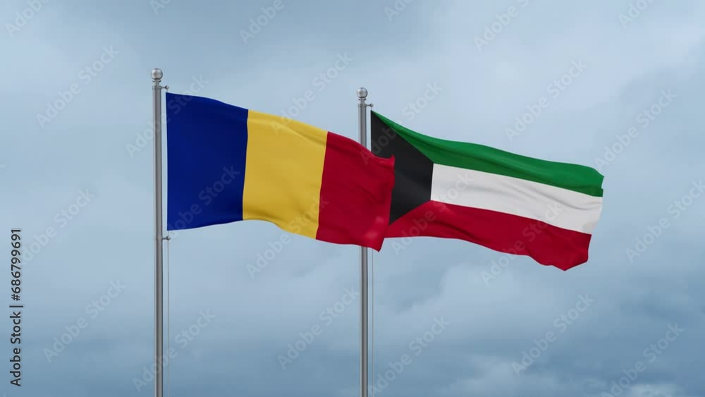 Kuwait and Chad flag waving together on cloudy sky, endless seamless loop, two country cooperation concept Kuwait and Chad flag waving together on cloudy sky, endless seamless loop, two country cooperation concept