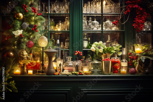 Christmas cocktail bar, gourmet holiday drinks, adorned with fresh herbs, edible flowers