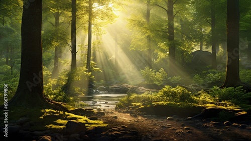 The breathtaking allure of a forest at sunrise, with the first light filtering through the trees, creating a magical and enchanting woodland scene, forest, nature, sunrise, fog, landscape photo