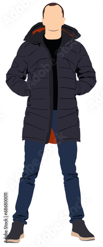 Vector illustration man in stylish jacket and pants. Man in fashionable cloth standing. Flat cartoon character in trendy outerwear warm clothing.