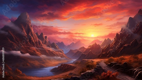 The majesty of a sunset over a snow-capped mountain range, where the peaks are bathed in warm hues, creating a majestic and awe-inspiring alpine landscape