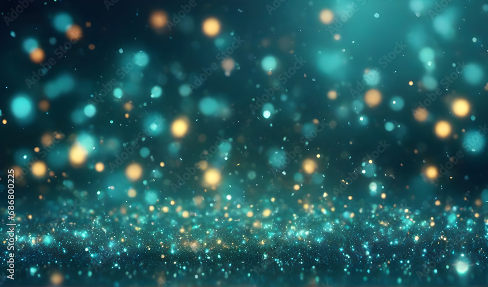 Abstract sparkling turquoise particles with bokeh defocused lights background