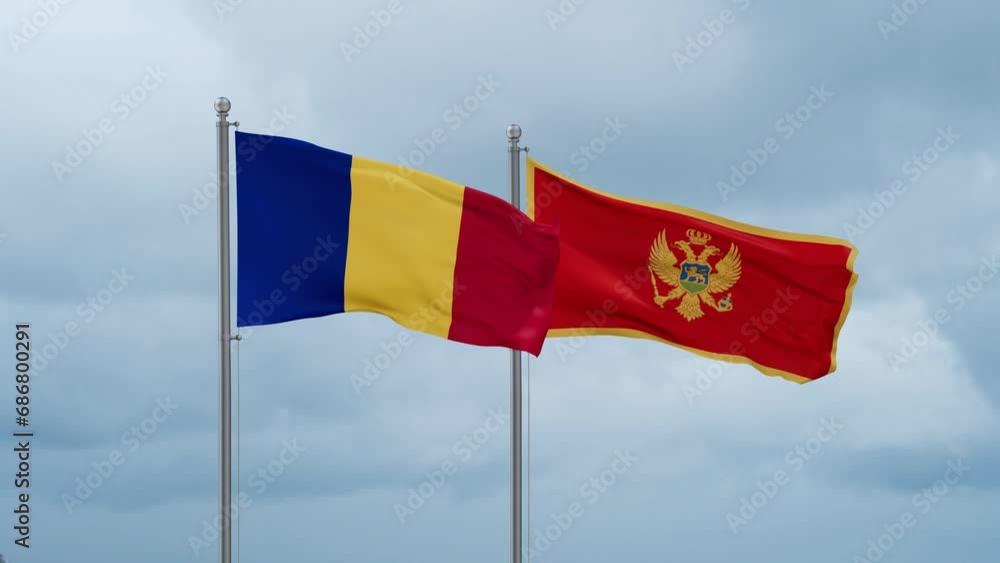Montenegro and Chad flag waving together on cloudy sky, endless seamless loop, two country cooperation concept Montenegro and Chad flag waving together on cloudy sky, endless seamless loop, two country cooperation concept