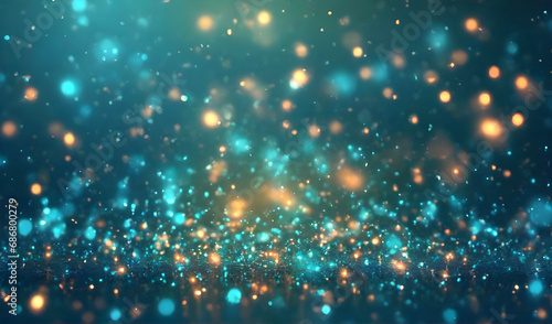 Abstract sparkling turquoise and golg particles with bokeh defocused lights background photo