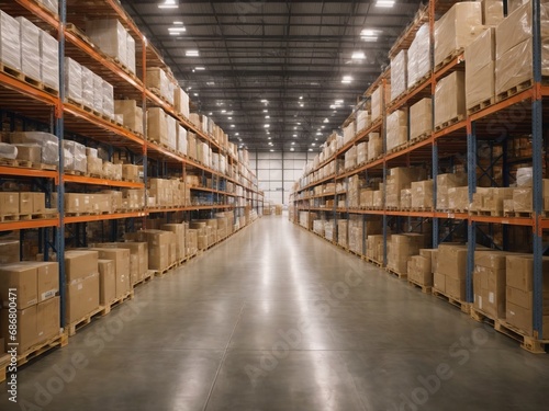 A retail warehouse full of shelves with goods in cartons, with pallets and forklifts. Logistics and transportation blurred the background. Product distribution center.
