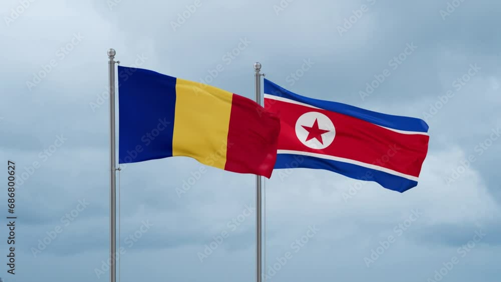 North Korea and Chad flag waving together on cloudy sky, endless seamless loop North Korea and Chad flag waving together on cloudy sky, endless seamless loop