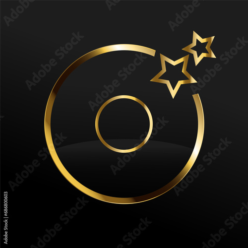SALE Vip label with round golden ring frame shield sparks and stars on black background. Dark glossy Sheild premium template. Vector design element luxury illustration gold 