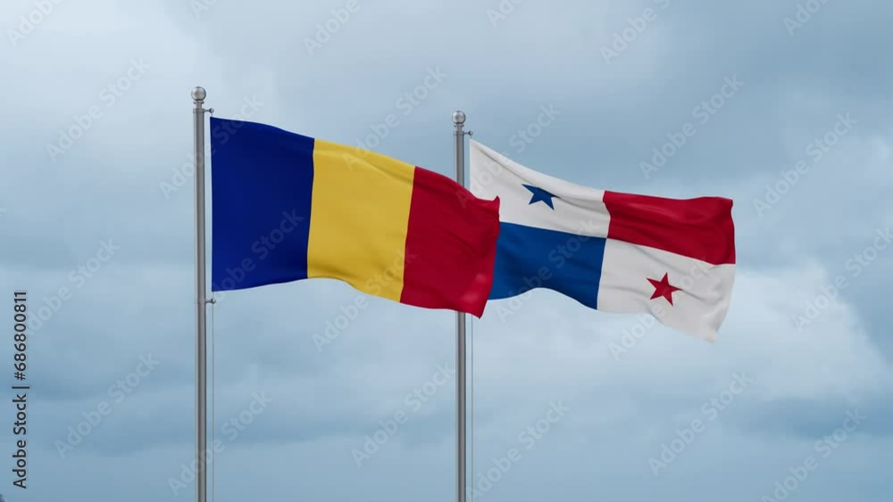 Panama flag and Chad flag waving together on cloudy sky, endless seamless loop, two country relations concept Panama flag and Chad flag waving together on cloudy sky, endless seamless loop, two country relations concept