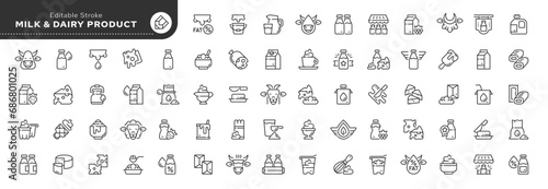 Set of outline icons in linear style. Series - Milk and dairy products. Natural cow's milk and fermented milk product, cheese, cream, sour cream and cottage cheese. Web line icon. 