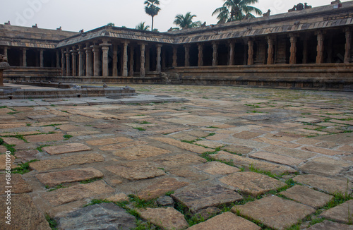 The vast complex of Airavatesvara Temple located in Darasuram town in Kumbakonam, India. Focus set of the foregroud floor. photo