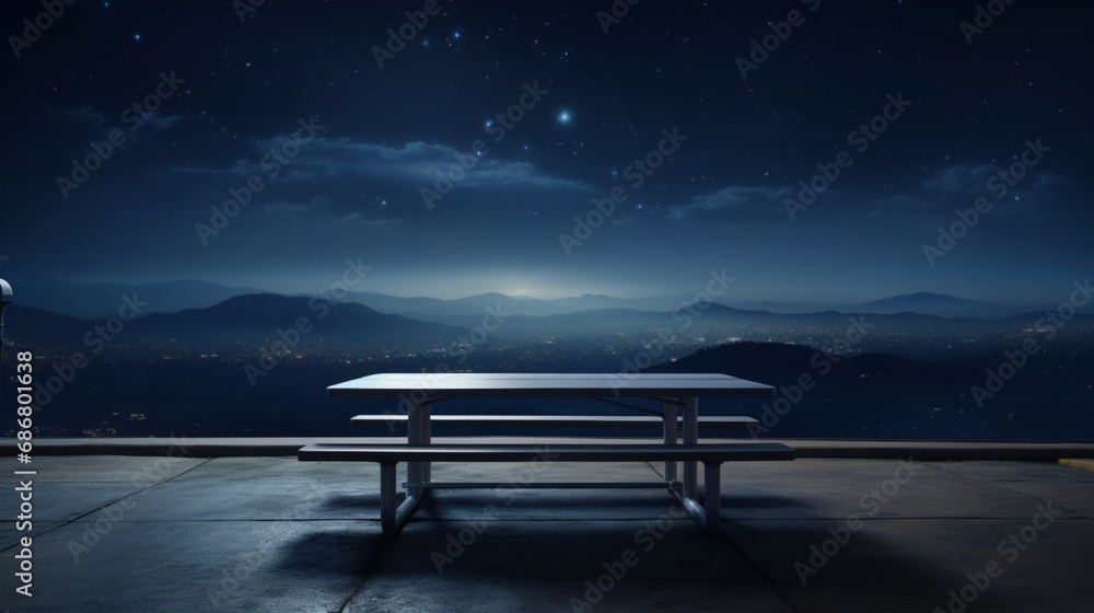 an empty table under the starry sky, with the ethereal lights from a blurred Petrol station creating a dramatic backdrop for an otherworldly product display