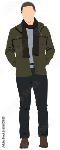 Vector illustration of man in fashionable urban street style cloth, wintertime collection, stylish vogue isolated flat cartoon character.
