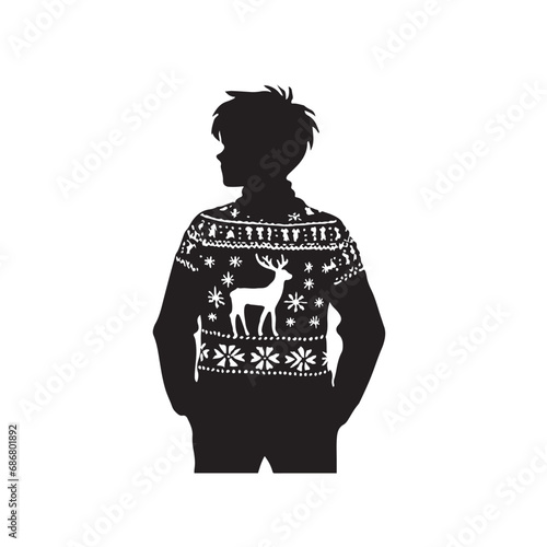 Christmas Boy Silhouette in Festive Silhouette with Cozy Sweater - Black Vector Christmas Silhouette
 photo