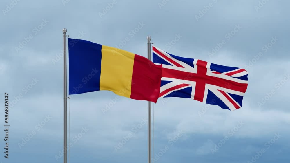 United Kingdom and Chad flag waving together on cloudy sky, endless seamless loop, two country cooperation concept United Kingdom and Chad flag waving together on cloudy sky, endless seamless loop, two country cooperation concept