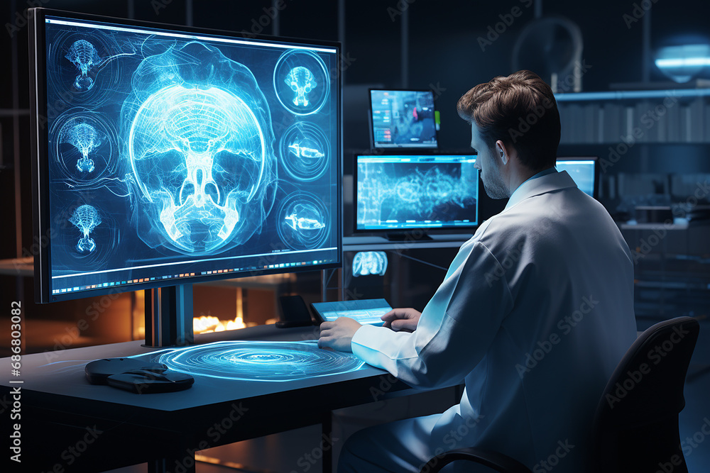 Fototapeta premium Radiologist examining a CT scan on a lightbox, with detailed annotations and notes, computer screens