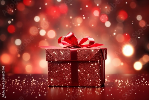 Festive red present with sparkle and bokeh, on a red background. Generative ai