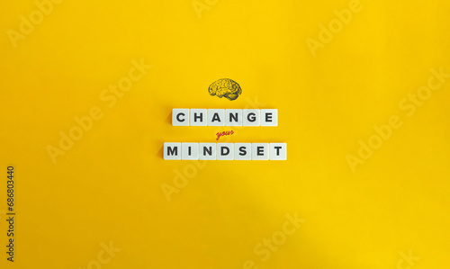 Change Your Mindset Phrase and Concept Image. Shift Your Perspective, Embracing a New Belief. Block Letter Tiles on Yellow Background. Minimalist Aesthetics. photo