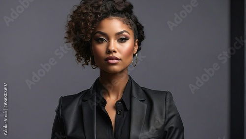 Young Black woman in a black blazer, stylish with curly hair and hoop earrings, against a dark backdrop
