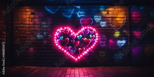 neon frame with hearts on a brick wall, graffiti, neon lights in the background, background with neon lighting