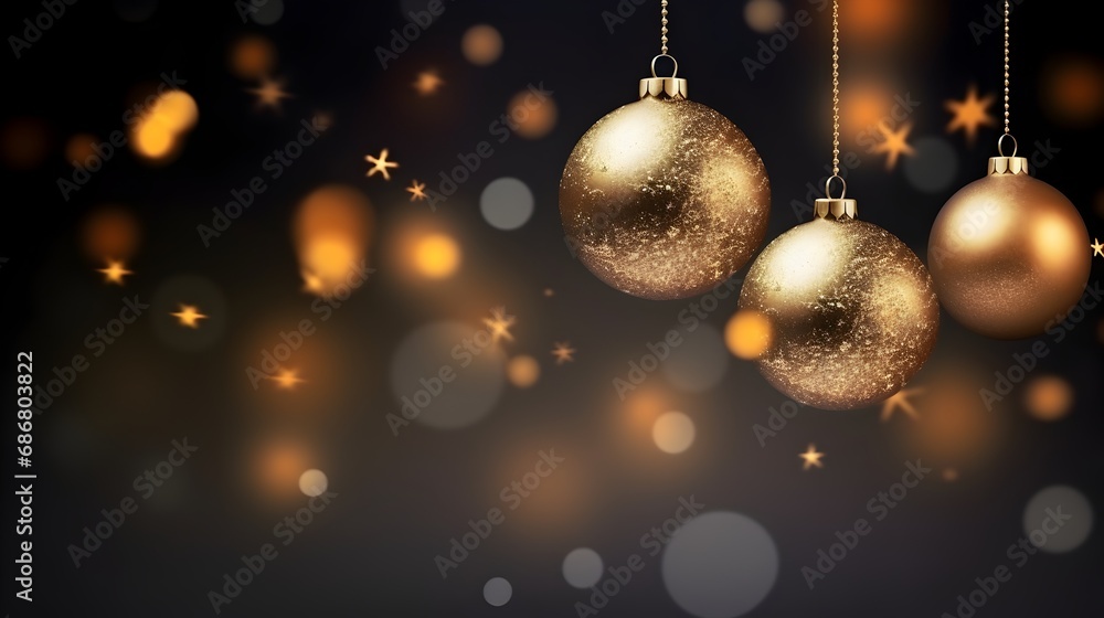 Festive golden ornaments with glittering snowflake patterns, suspended amidst a magical New Year glow