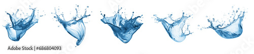 set of isolated water splashes and splashes in blue shades