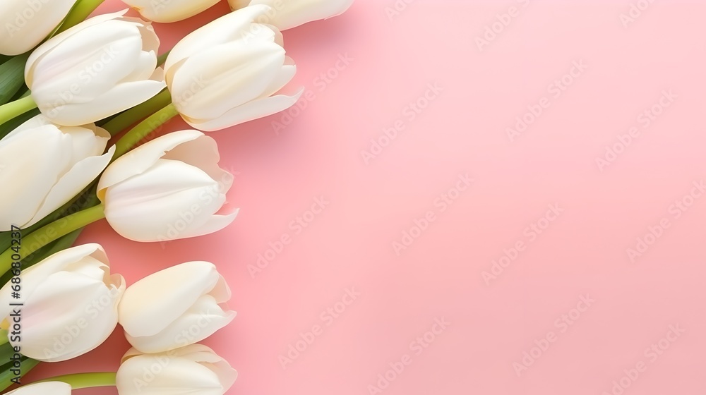 Elegant white tulips on a soft pink background, minimalistic floral design, spring flowers, mother's day concept