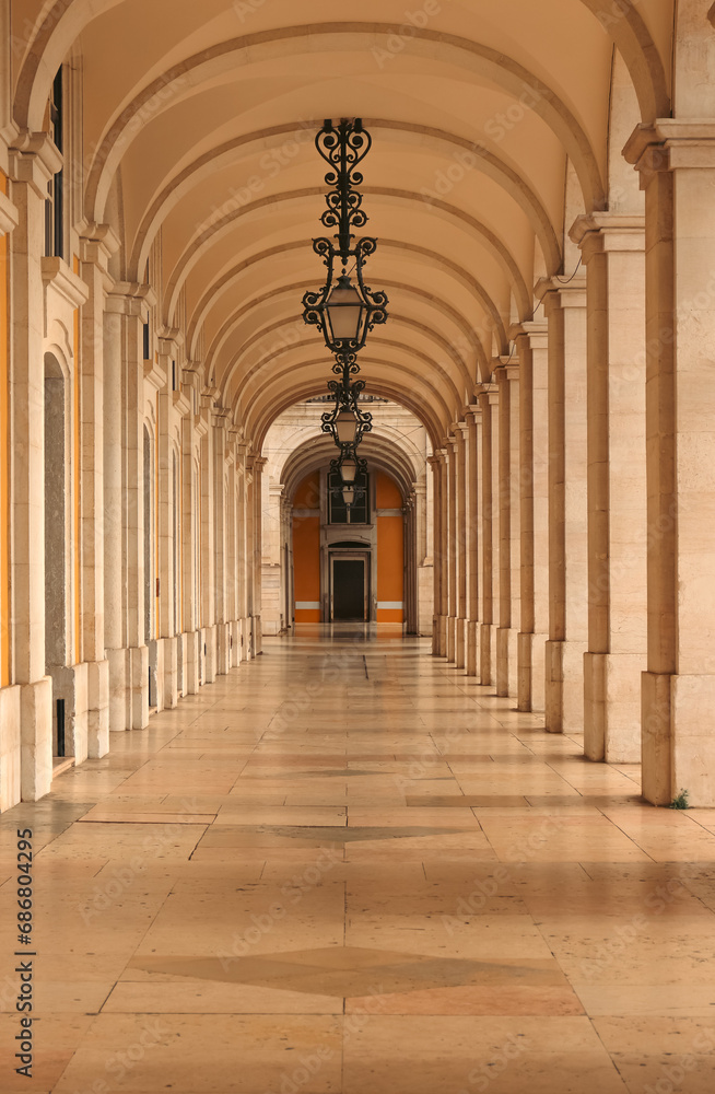 Covered walkway at the Praca Do Comercio, Lisbon, Portugal