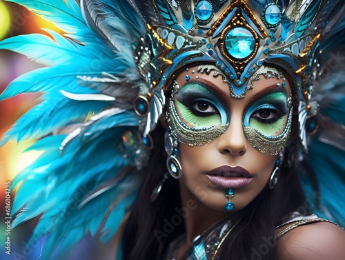 Carnival costume, exotic dancer, feather headdress, festival beauty, vibrant makeup, cultural parade, celebratory portrait, bright colors.