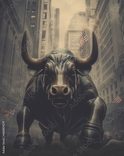 Concept of bullish, sculpture of bull. Concept of stock market exchange or financial technology