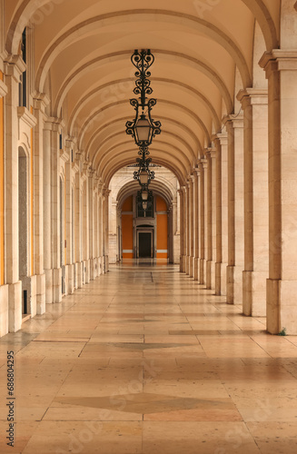 Covered walkway at the Praca Do Comercio, Lisbon, Portugal