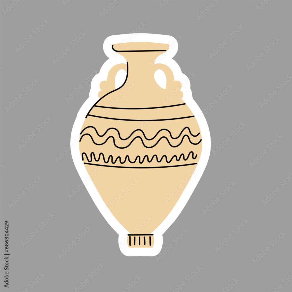 Ancient amphora with two handles isolated. Decorative vase with an ornament. Sticker of an ancient Greek jug. Element in beige color with a line. Clay vessel. Hand drawn. Vector.