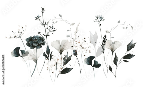 Watercolor painted floral bouquet of growing gray, black ginko biloba, marigold, wild flowers, leaves, branches, field herbs Hand drawn illustration. Watercolour artistic drawing. © satika