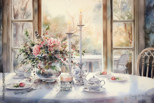 Watercolor painting of a holiday dining table set with vintage china, surrounded by winter foliage, antique style Christmas centerpieces photo
