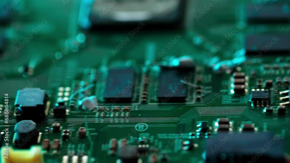 Green Printed Circuit Board, Computer Motherboard Components: Microchips, CPU Processor, Transistors, Semiconductors. Inside of Electronic Device, Parts of Supercomputer. Top View Moving Macro Shot
Green Printed Circuit Board, Computer Motherboard Components: Microchips, CPU Processor, Transistors, Semiconductors. Inside of Electronic Device, Parts of Supercomputer. Top View Moving Macro Shot