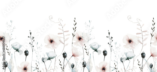 Watercolor painted floral seamless border of pastel pink, dark gray, blue buds, poppy, rose, peony, wild flowers, leaves, branches. Hand drawn illustration. Watercolour artistic drawing.