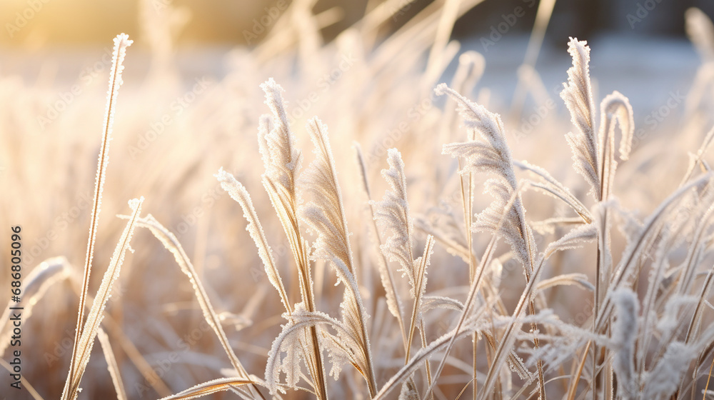 Icy Morning Whispers: Delicate frost crystals glistening on blades of grass, capturing the quiet beauty of an early winter morning.