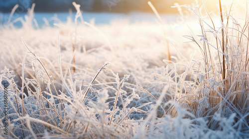 Frozen Wonderland: A close-up of frost-covered grass in a meadow, transformed into a magical winter landscape with intricate ice patterns.