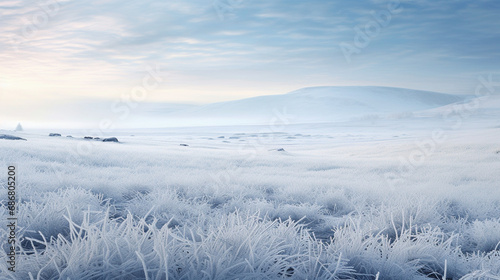 Frozen Wilderness: Vast expanses of frost-covered grass, stretching into the distance and forming an ethereal, otherworldly winter landscape.