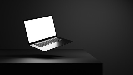 Laptop mock up with white empty blank screen on the black background with black dark wall and black table stage with spotlight beam, white empty blank screen for design, white space on laptop screen