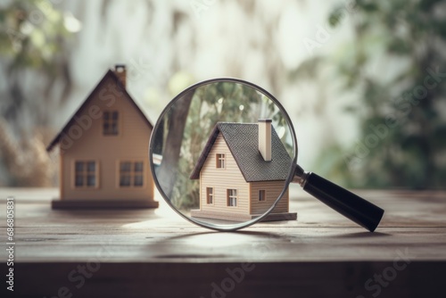 Find a home or a flat concept. House under magnifying glass. Rent apartments, Real Estate and buying a house idea.